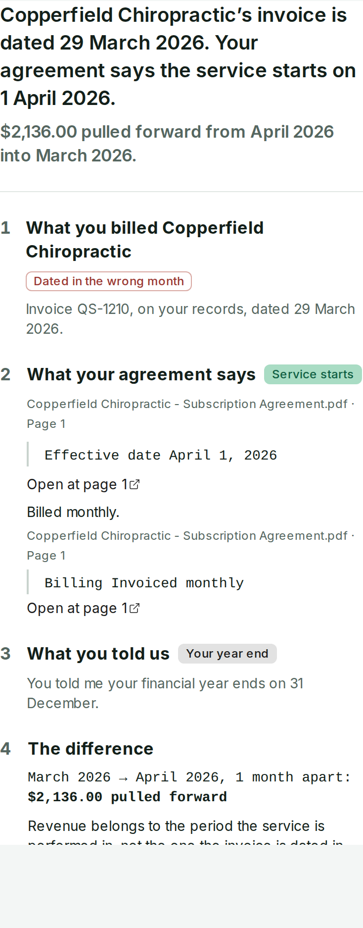 A Finding in the Ressura app, shown for a sample company: Copperfield Chiropractic, an invoice dated before the service it bills, $2,136.00 impact.